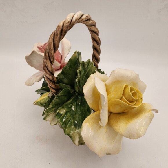 Large Vtg Nuova Capodimonte Fili Savastano Porcelain Roses In A Basket Italy - Picture 2 of 9